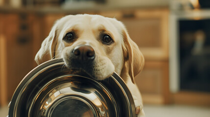Plakat Hungry dog with sad eyes is waiting for feeding at kitchen Cute labrador retriever is holding dog bowl in his mouth at home : Generative AI
