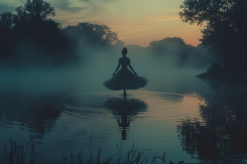 Scene of a ballet dancer whose body becomes a swirl of mist, floating above a serene lake at dawn,