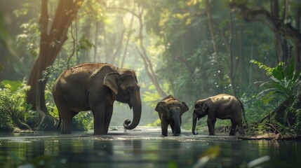 A tender moment capturing a mother elephant and her calf crossing a serene waterbody in a lush forest