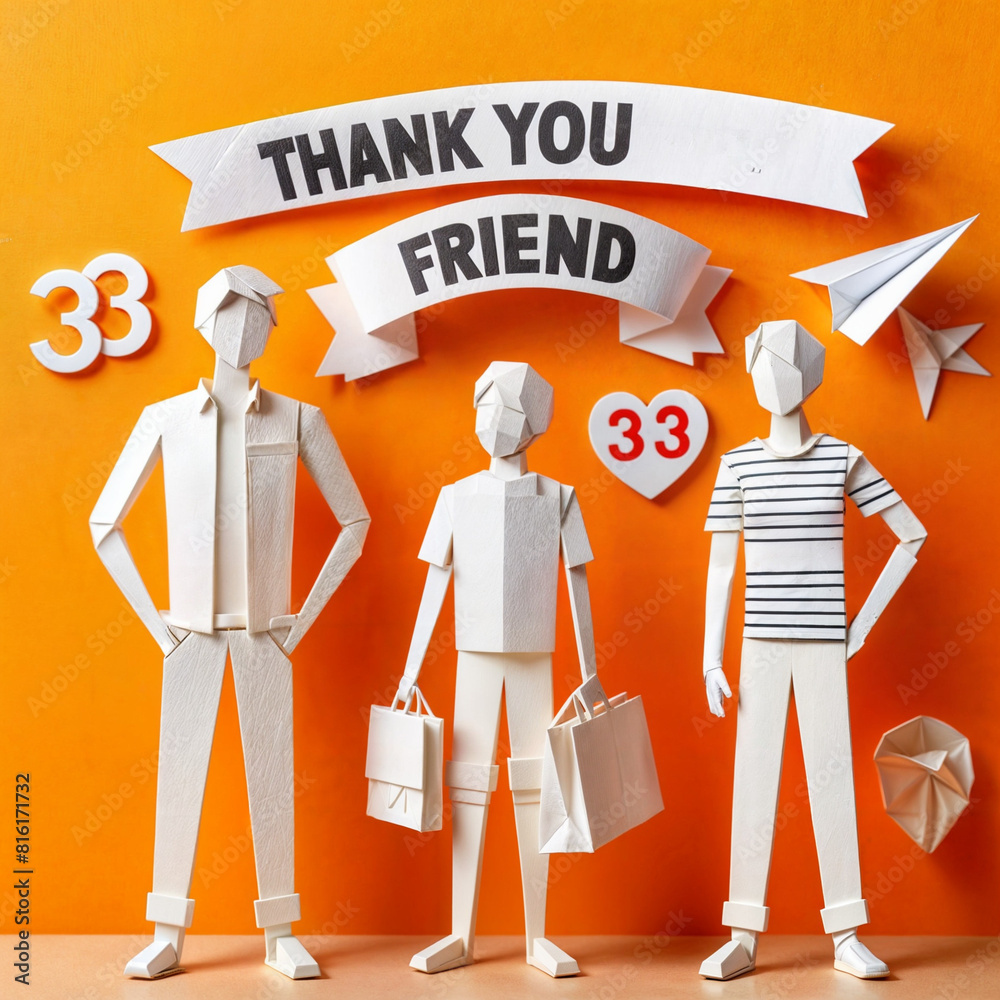 Fototapete paper human figures and text thank you my best friend on orange background created with generative a