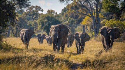 Fototapeta premium A line of elephants makes their way through the wilderness, showcasing the beauty of their natural habitat