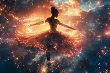 Naklejka premium Illustration of a ballerina whose graceful pirouette is surrounded by swirling clusters of atoms, creating spiraling patterns of energy,