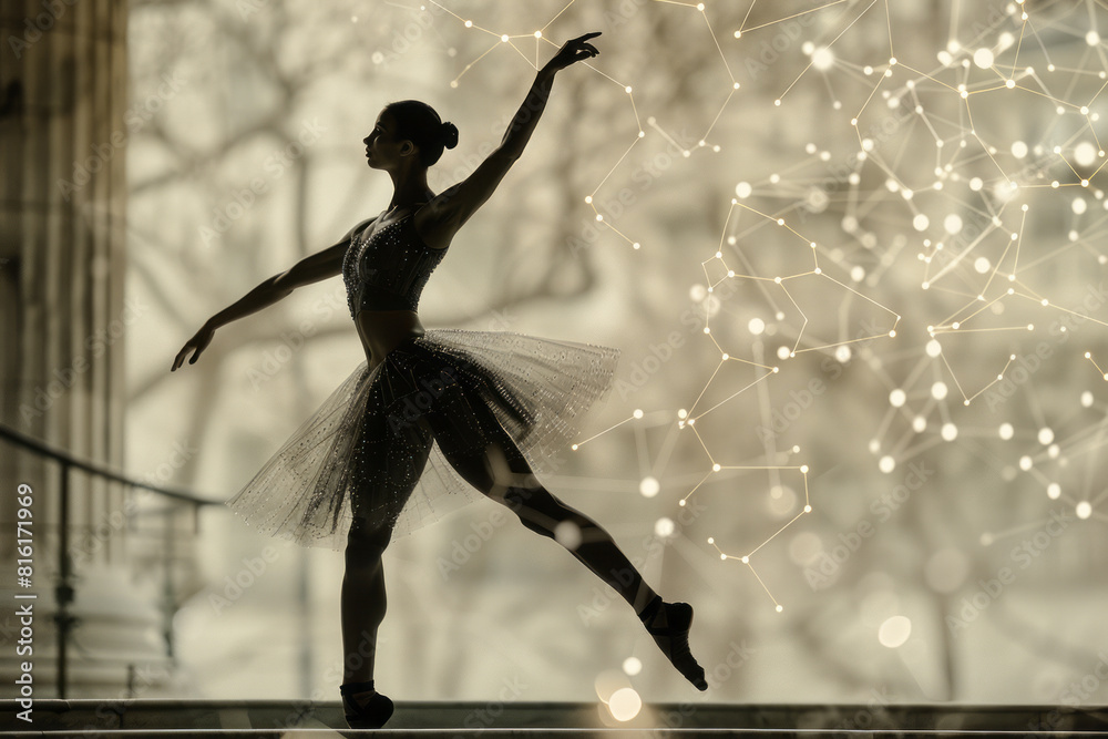 Poster Scene of a ballet dancer performing an arabesque, with their extended leg creating a trail of linked molecules,