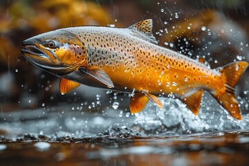 Obraz premium Salmon jumping upstream during spawning season, symbolizing resilience. 