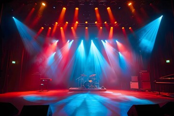 Stage with a drum set and red and blue lights