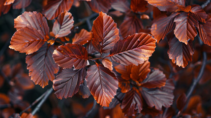 Close-up of red and brown European Purple beech (Fagus sylvatica purpurea) leaves on tree branches. Purple bronze leaves of the Copper Beech tree in city park Krasnodar or landscape Galitsky park