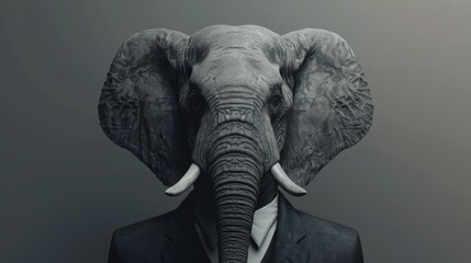 A surreal image blending an elephant's head with a human's body dressed in a formal suit, representing a blend of human and animal