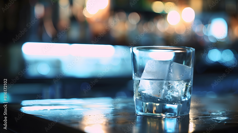Aufkleber ice cube in an empty glass on a bar counter in bar or pub : Generative AI
