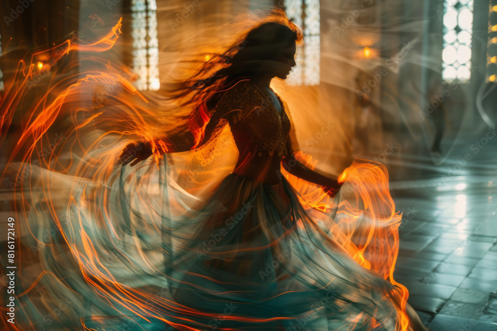 Fototapete dynamic image of a folk dancer twirling, with their spinning form creating vortexes of atomic and mo