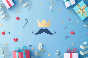 happy father's day background with gift boxes, mustache and crown on light blue color banner for web design or print material. 