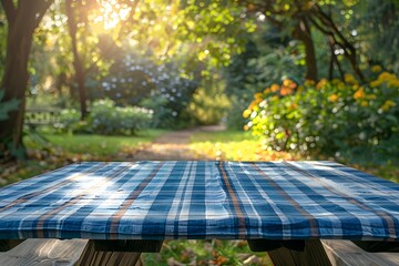 A close up of a picnic table with a plaid tablecloth on it