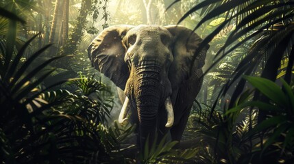 An image capturing the quiet grandeur of an elephant bathed in gentle sunlight piercing through the thick forest canopy