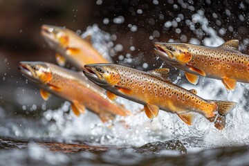 Obraz premium Salmon jumping upstream during spawning season, symbolizing resilience. 
