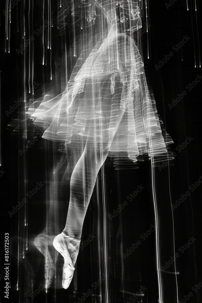 Poster scene of a classical ballet dancer performing an arabesque, her extended leg dissolving into pixelat