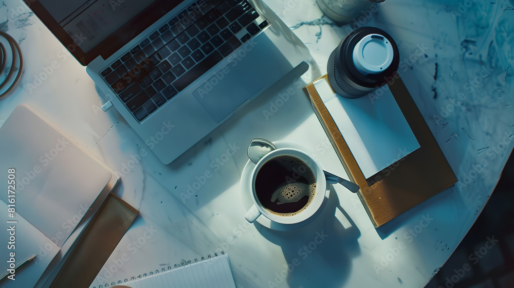 Poster office working desk top view with laptop notepad and coffee : Generative AI