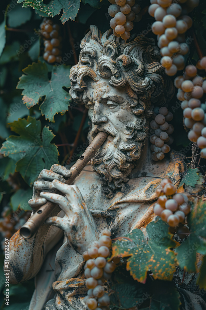 Aufkleber scene of a satyr playing a flute, surrounded by grapevines and ivy, with clusters of grapes hanging 