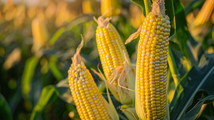 Corn cobs in corn plantation field. 