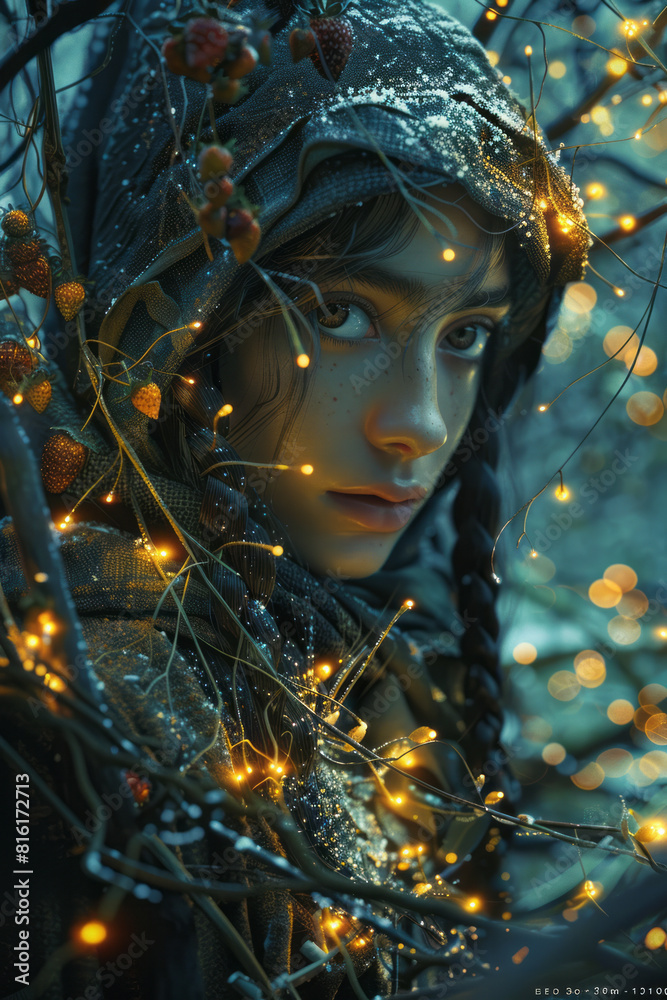 Aufkleber illustration of an elf in an enchanted forest, surrounded by clusters of strawberries and blueberrie
