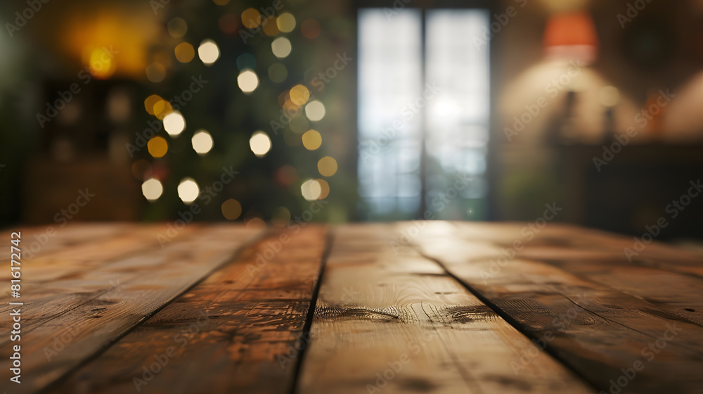 Poster The empty wooden brown table top with blur background of home room in winter Exuberant image : Generative AI