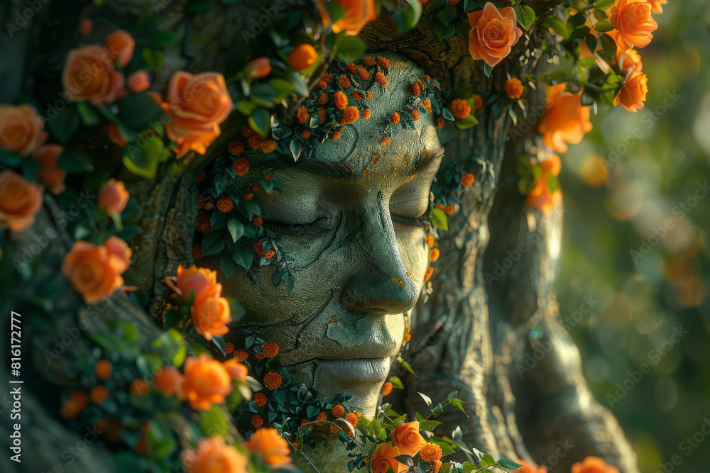 Poster abstract image of a dryad emerging from an ancient oak tree, surrounded by blooming roses and fragra