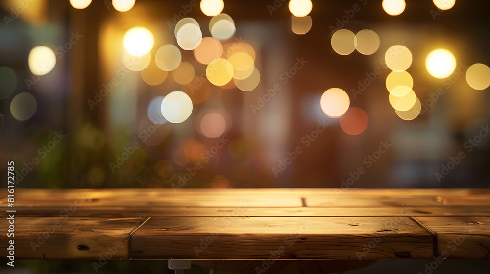 Poster empty table to showcase your product against the background of a blurred cafe golden bokeh : Generative AI