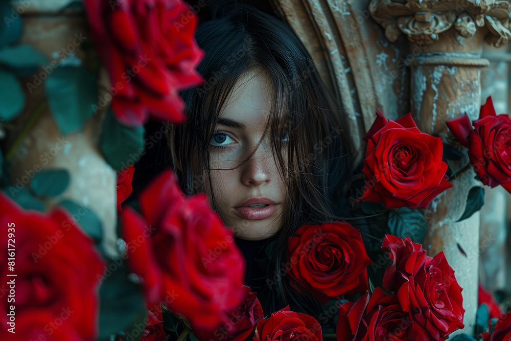 Poster abstract image of a vampire in a gothic castle, surrounded by red roses and dark chocolate, symboliz