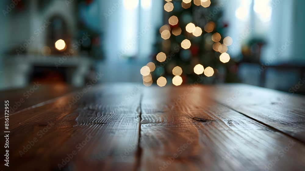 Poster the empty wooden brown table top with blur background of home room in winter exuberant image : gener