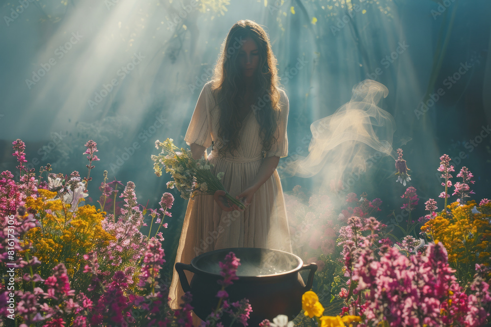 Poster Dynamic image of a witch casting a spell in a grove, surrounded by blooming violets and orchids, her cauldron emitting fragrant smoke,