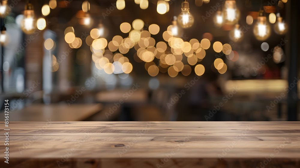 Poster image of wooden table in front of abstract blurred background of resturant lights : Generative AI