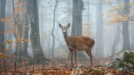 Deer in the autumn foggy forest of Balkan Mountains, Bulgaria. --ar 16:9 Job ID: 57c54e72-c1da-4fa0-a321-414bef1d671f