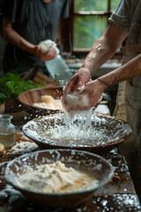 Fototapeta premium Scene of a family using a homemade vinegar and baking soda solution to clean their bathroom tiles,