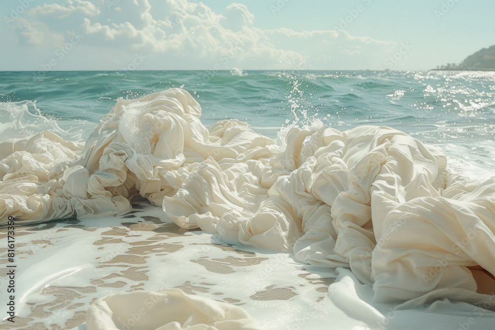 Poster Image of a blanket transforming into waves, with the edges dissolving into the ocean,