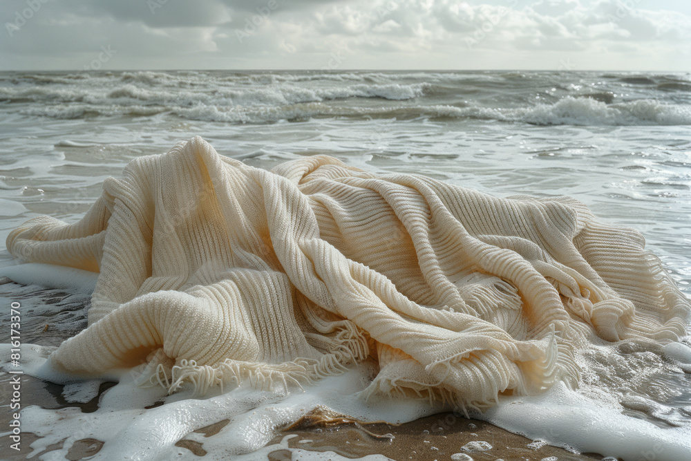 Poster Image of a blanket transforming into waves, with the edges dissolving into the ocean,