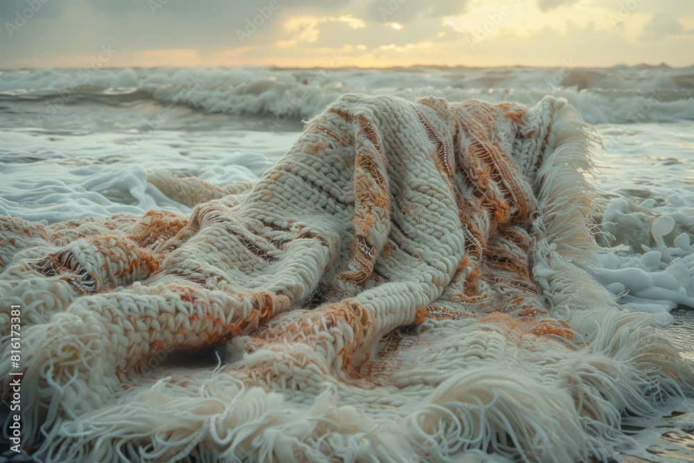 Poster Image of a blanket transforming into waves, with the edges dissolving into the ocean,