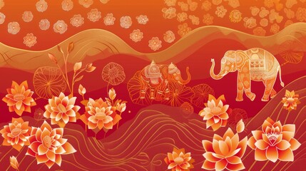 Stylized orient Wallpaper fabric with ethnic Indian vintage print with elephants