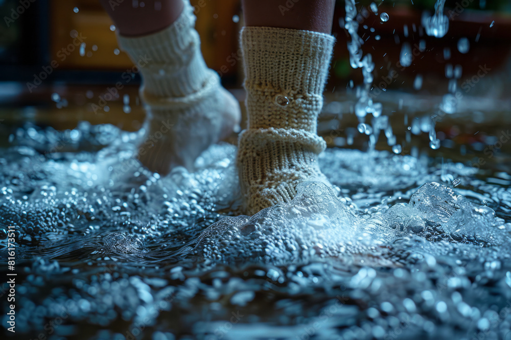 Poster Scene of a pair of socks turning into a gentle cascade, symbolizing the refreshing effect of washing,