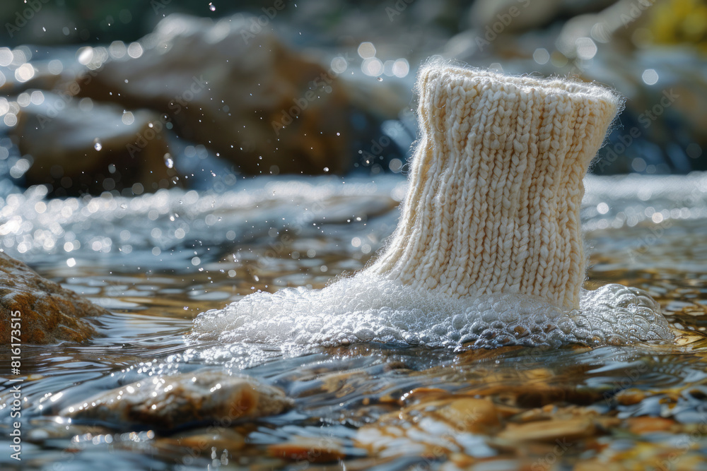 Poster Scene of a pair of socks turning into a gentle cascade, symbolizing the refreshing effect of washing,