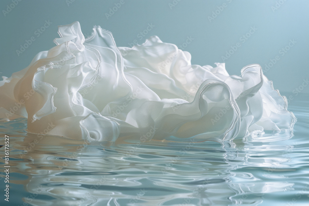 Poster Dynamic image of a fabric swatch dissolving into a clear pool, representing cleanliness and purity,