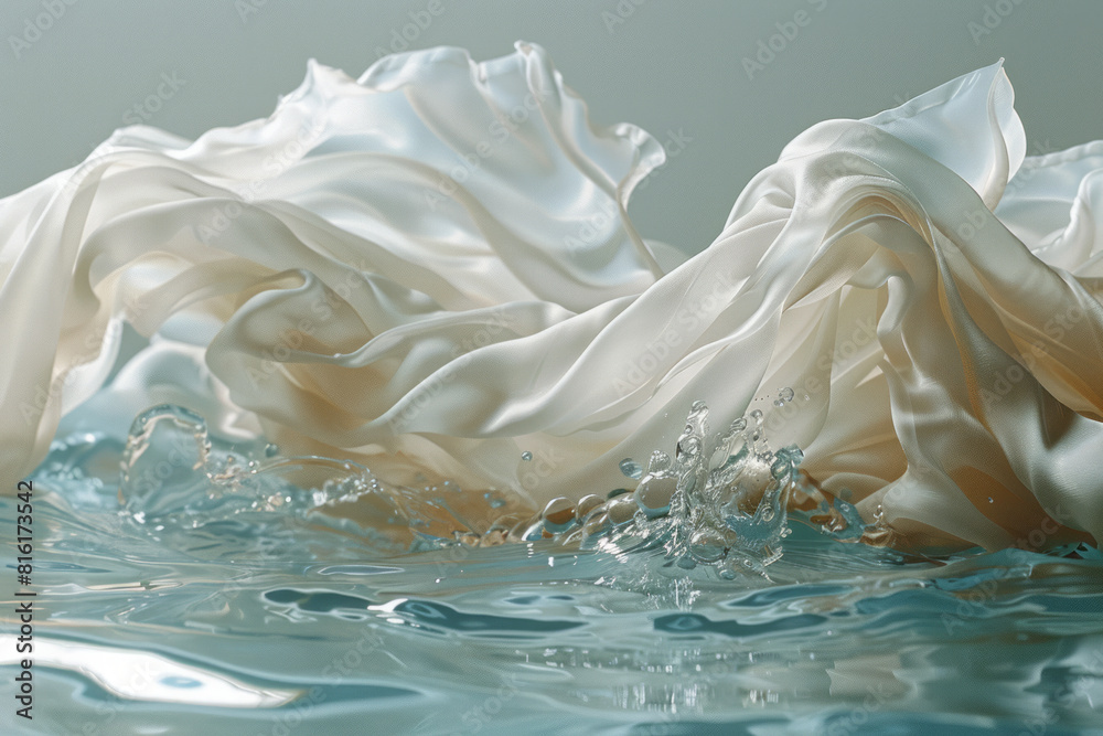 Poster Dynamic image of a fabric swatch dissolving into a clear pool, representing cleanliness and purity,