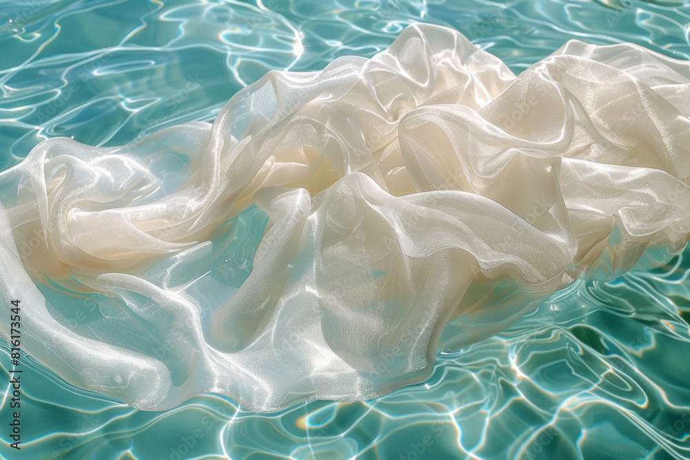 Poster Dynamic image of a fabric swatch dissolving into a clear pool, representing cleanliness and purity,
