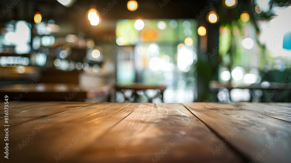 Poster Selected focus empty brown wooden table and Coffee shop blur background with bokeh image for your photomontage or product display : Generative AI