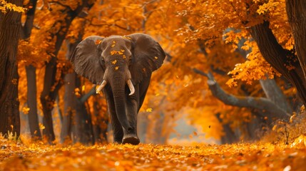 Majestic elephant walking directly towards the viewer on an autumn pathway with fallen leaves