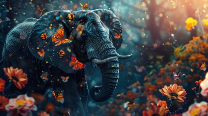 A majestic elephant adorned with vibrant butterflies stands amidst a fantasy floral backdrop