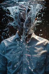 Artistic depiction of a dress shirt transitioning into a waterfall, with water droplets catching the light,