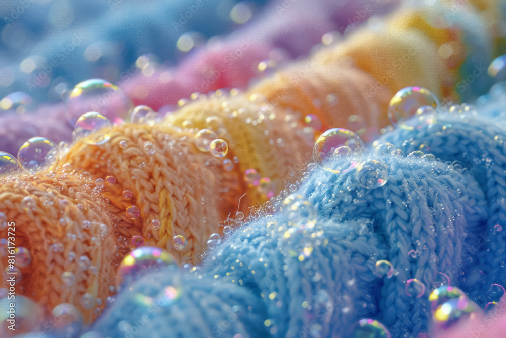 Poster Close-up of a sock with bubbles clustering around the fabric, highlighting the texture and playfulness,