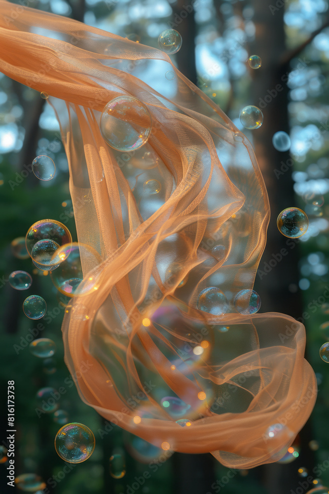 Poster scene of a scarf being lifted by a gentle breeze, with bubbles floating and twirling around it,