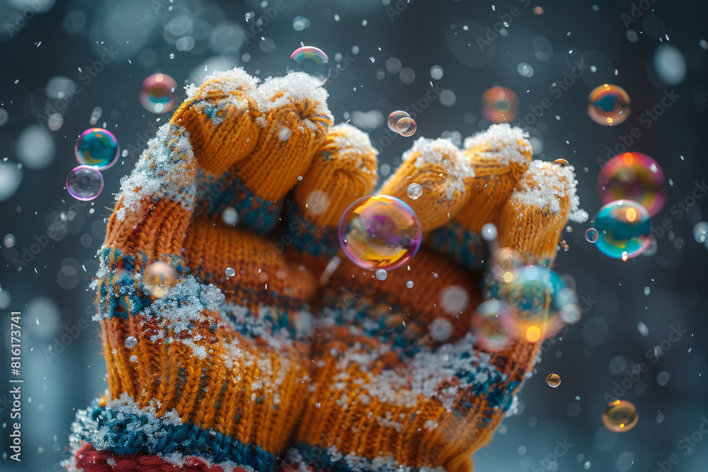 Poster Artistic rendering of a pair of mittens with bubbles cascading down, giving a sense of movement and joy,