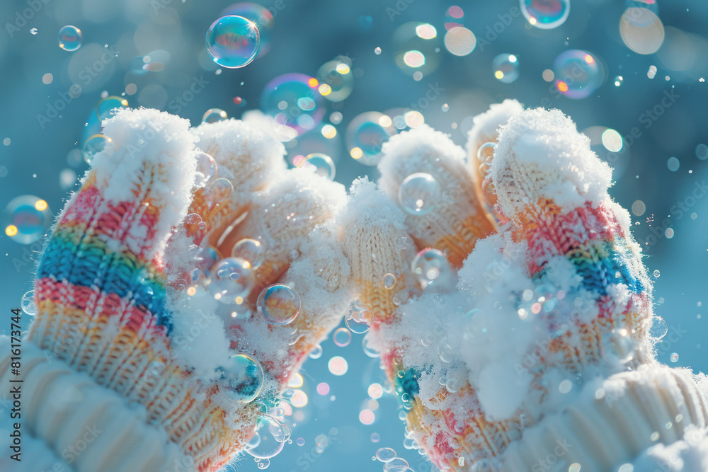 Poster Artistic rendering of a pair of mittens with bubbles cascading down, giving a sense of movement and joy,