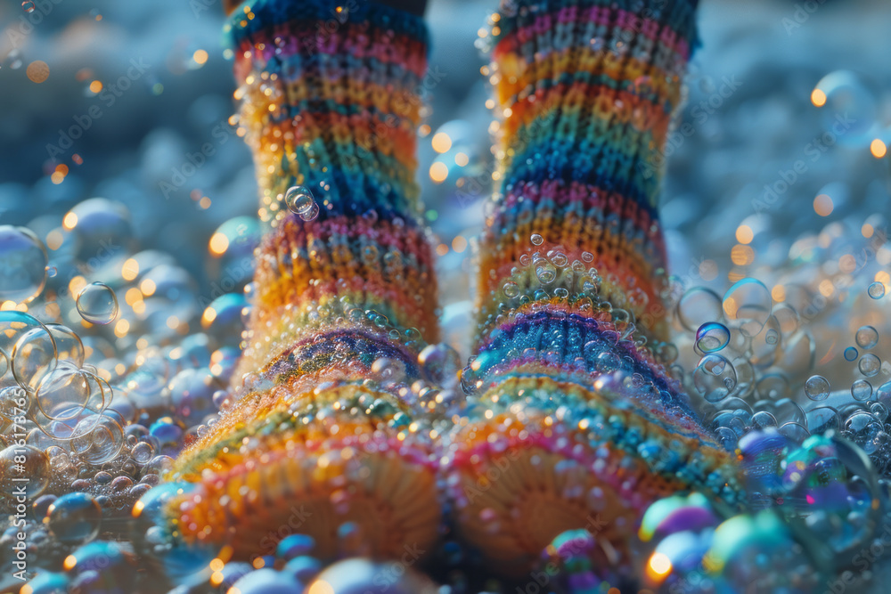 Poster Artistic rendering of a pair of socks with bubbles forming playful patterns around the ankles,