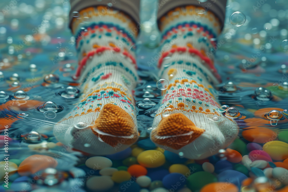 Poster Artistic rendering of a pair of socks with bubbles forming playful patterns around the ankles,